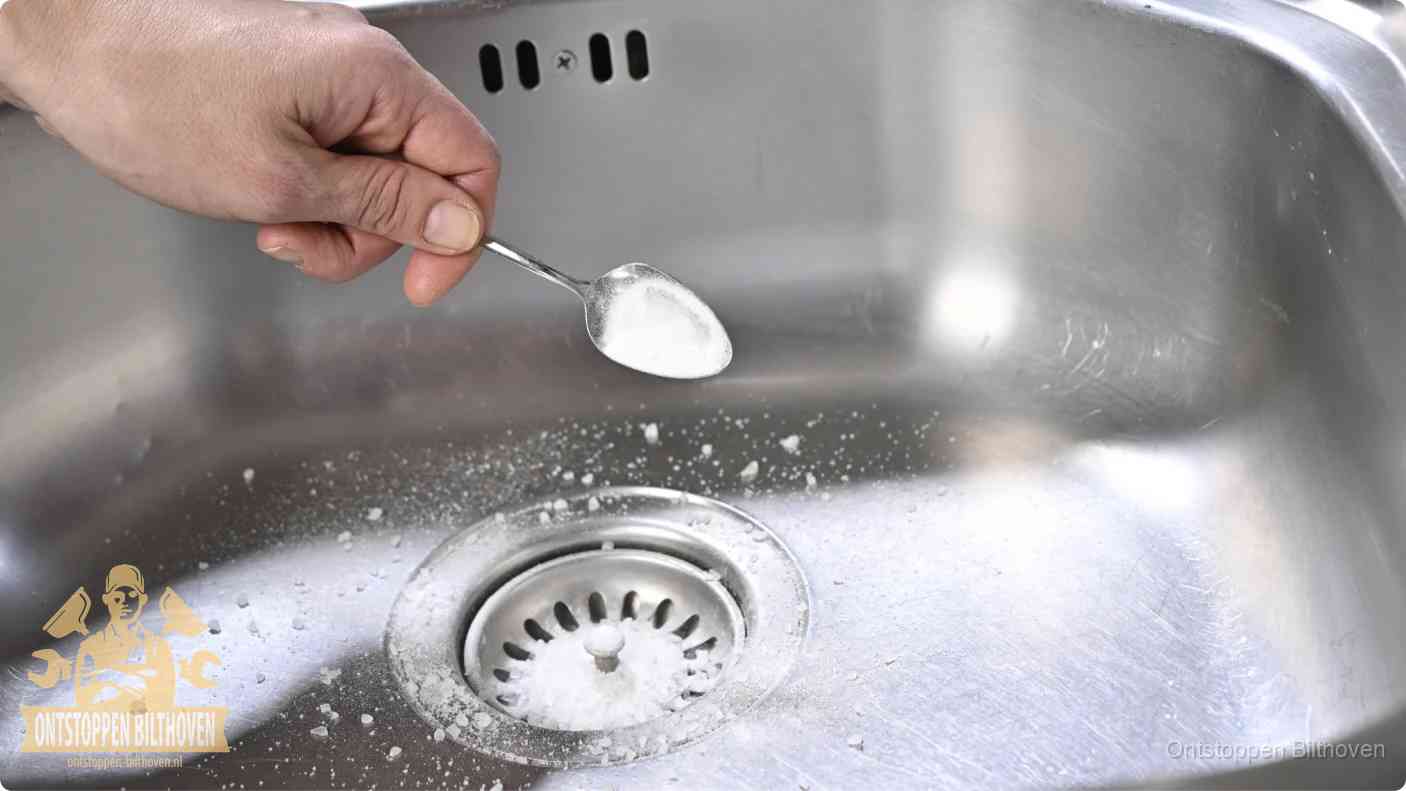 Een hand strooit met een lepel soda in een afvoerputje, de soda en azijn huismiddel-methode om de wc te ontstoppen in Bilthoven