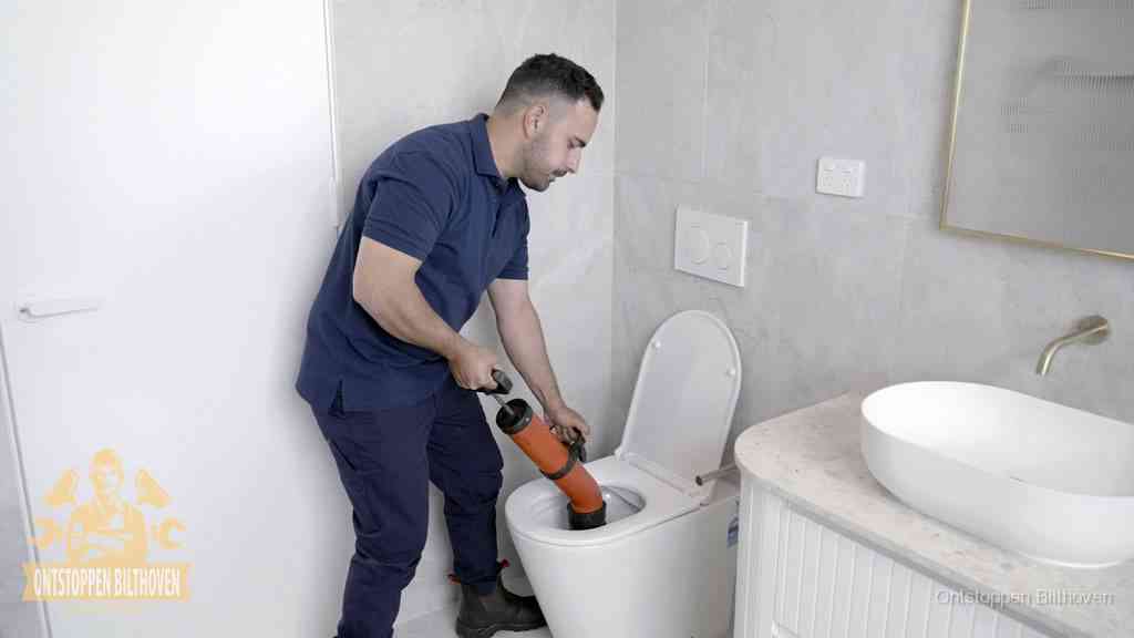 Een monteur gebruikt een handmatige perspomp (toiletontstopper) op een wandcloset tijdens het professioneel wc ontstoppen in Bilthoven